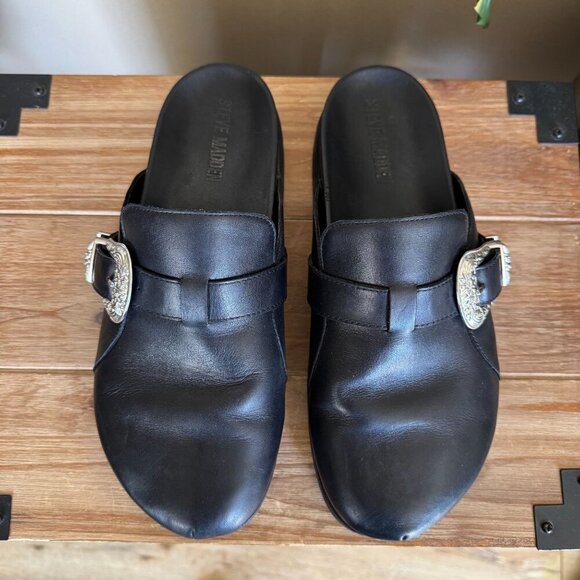 Steve Madden Ledger Black Leather Silver Western Buckle Slip On Mule Size 9.5 - Picture 2 of 15